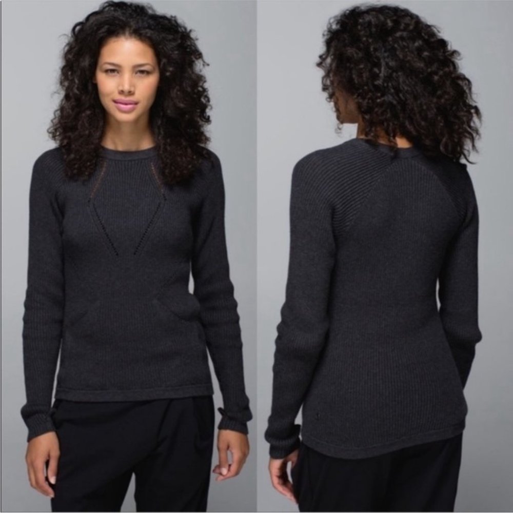 Lululemon The Better The Sweater Heathered Black Cotton Knit Pullover Sweater